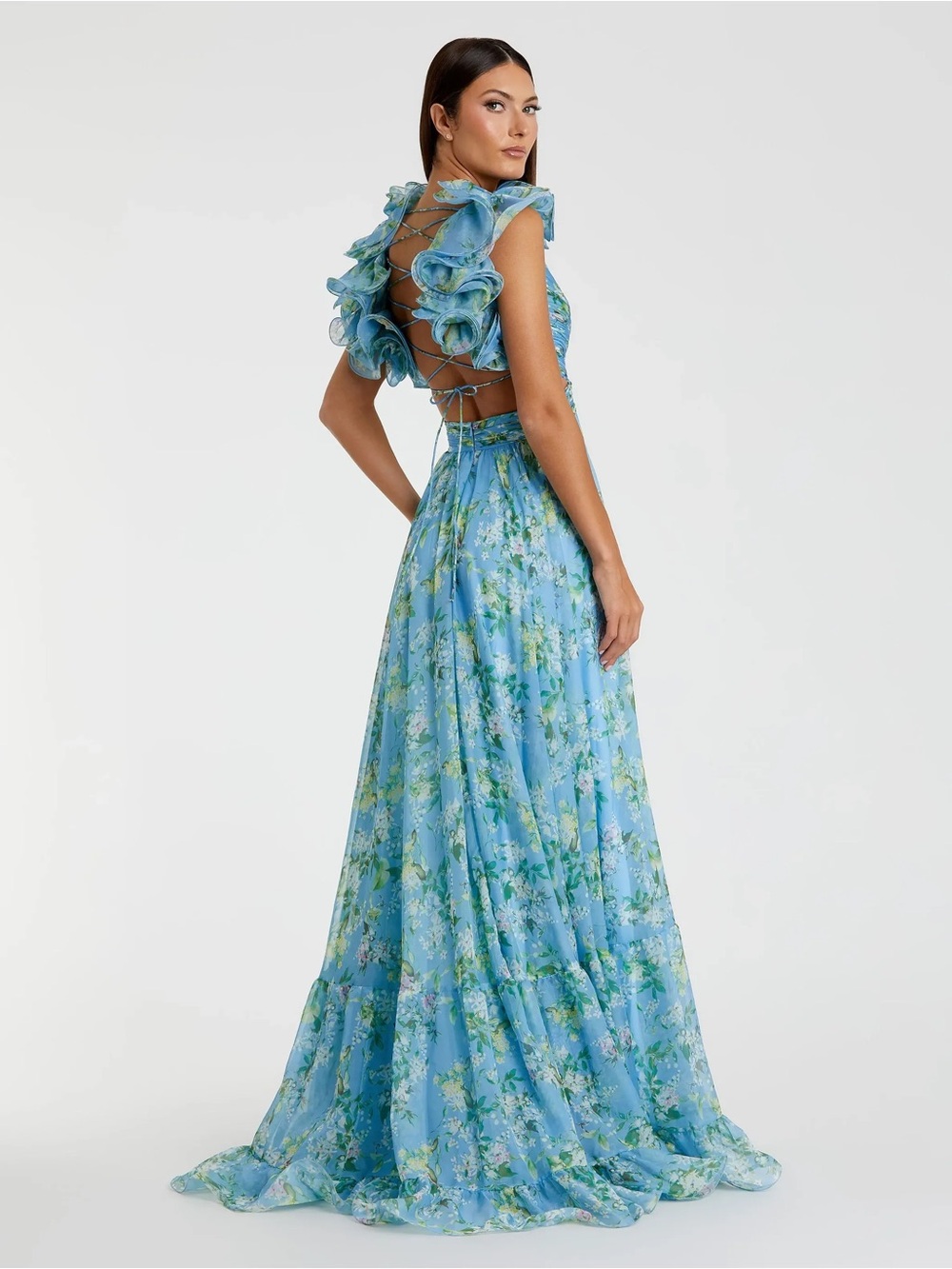 LIKE NEW - Mac Duggal Ruffle Tiered Floral Cut-Out Chiffon Gown, size 8 - Picture 3 of 3